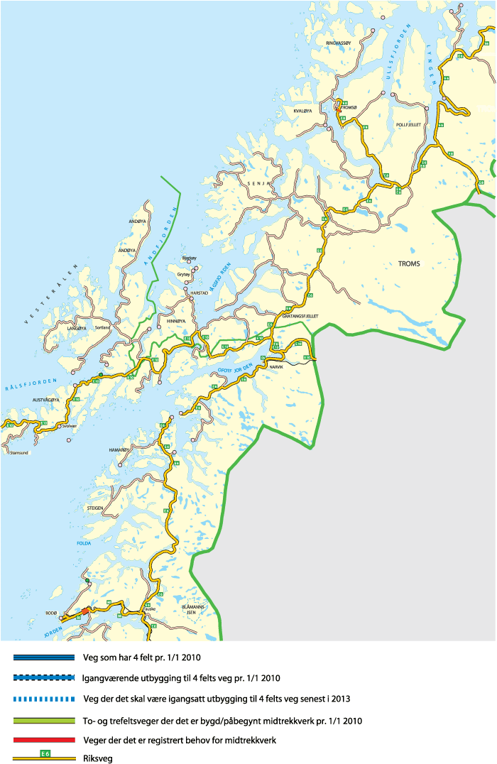 Figur 11.7 Kart over strekninger med møtefri trafikk og registrerte behov for midtdeler for deler av Nordland og Troms