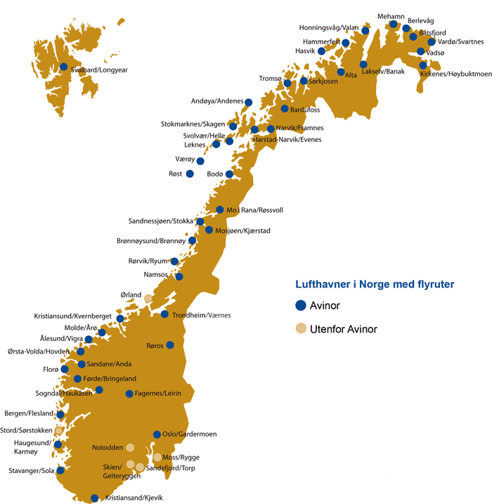 Figur 8.3 Lufthavner i Norge med flyruter