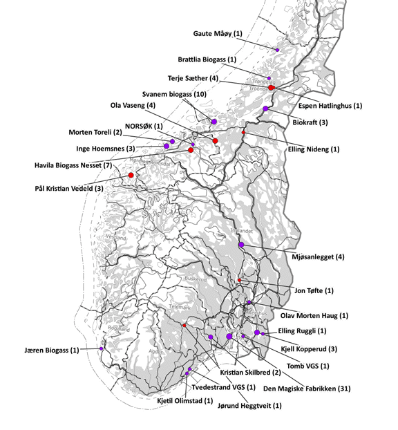 Figur 3.19 Biogassanlegg som mottok husdyrgjødsel i 2024 (søknadsomgang 2025). Nye anlegg i 2024 vises med rød prikk, og antall søkere som har levert til biogassanlegget i parentes.