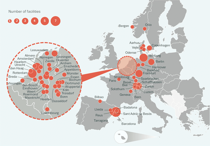 Figur 6.18 Plassering og antall brukerrom i Europa