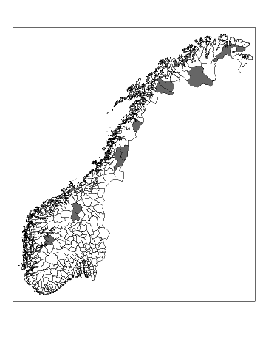 Figur 4-3 Fjellrevens utbredelse i Norge i perioden 1988-1997