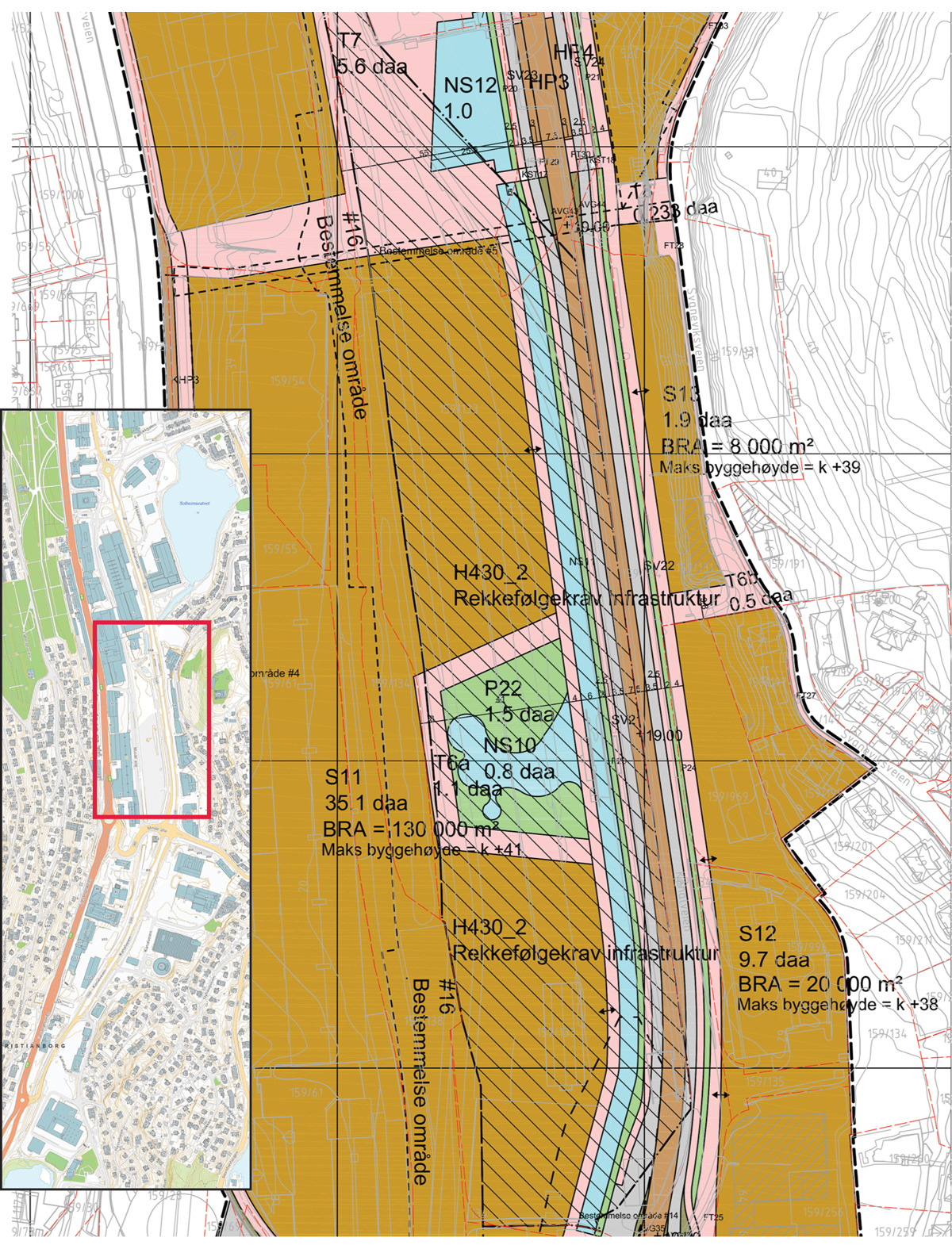 Figur 5.1 Eksempel på omforming. Utsnitt av områderegulering, Mindemyren, Bergen kommune