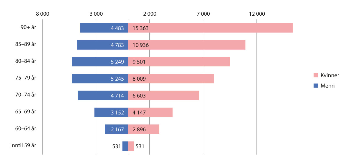 Figur 12.5 Antall personer med demens i Norge i 2020 fordelt på alder og kjønn. Gjengitt fra Menon Economics (887).