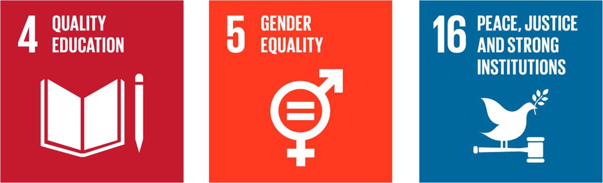 4 Quality education, 5 Gender equality and 16 Peace, justice and strong institutions.