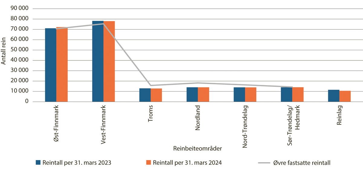 Figur 5.12 Reintall per 31. mars i 2023 og 2024, og øvre fastsatte reintall