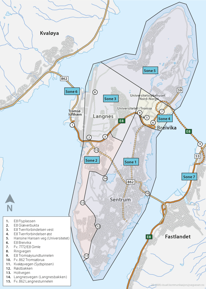 Figur 6.1 Soneinndeling og plassering av bomstasjonar.