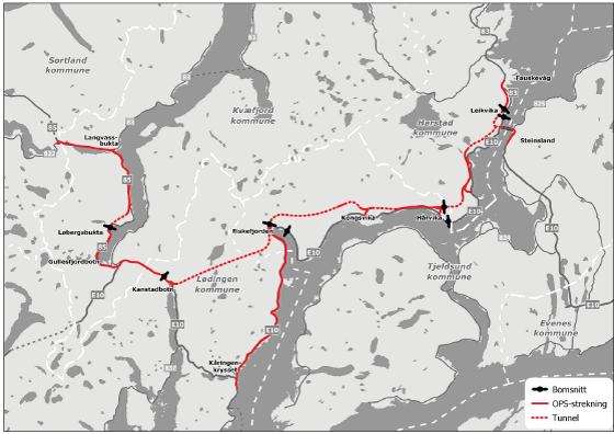 Figur 2.1 E10/rv. 85 Tjeldsund – Gullesfjordbotn – Langvassbukt – oversiktskart over prosjektet inkl. bomstasjoner