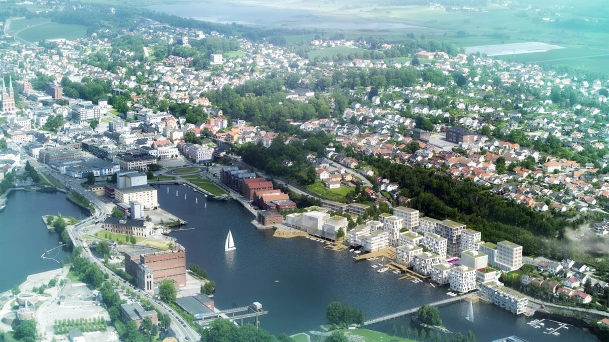 Illustrasjon av byutvikling, Skien brygge sett ovenfra.