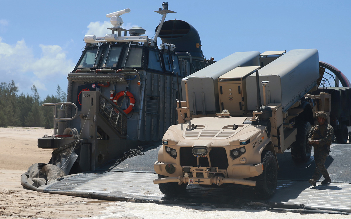 Figur 10.4 USA vil fortsette å dominere utviklingen av fremtidens konsepter på alliert side. Bildet viser hvordan det amerikanske marinekorpset tester ut det fjernstyrte antiskip-missilsystemet Navy Marine Expeditionary Ship Interdiction System (NMESIS) i Still...