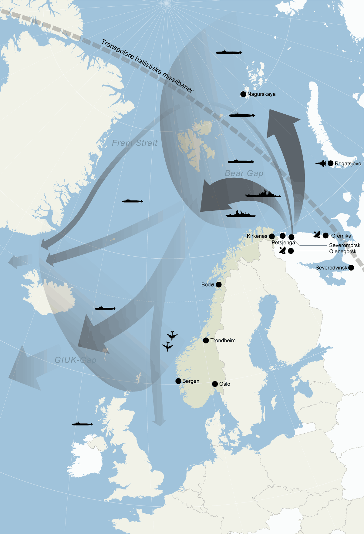 Figur 10.7 Russisk militær opptreden i norske nærområder. Russlands strategi med å etablere sjøkontroll i norske nærområder overlapper med store deler av norske interesser og territorialfarvann. Illustrasjonen demonstrerer typiske former for russisk militær akt...
