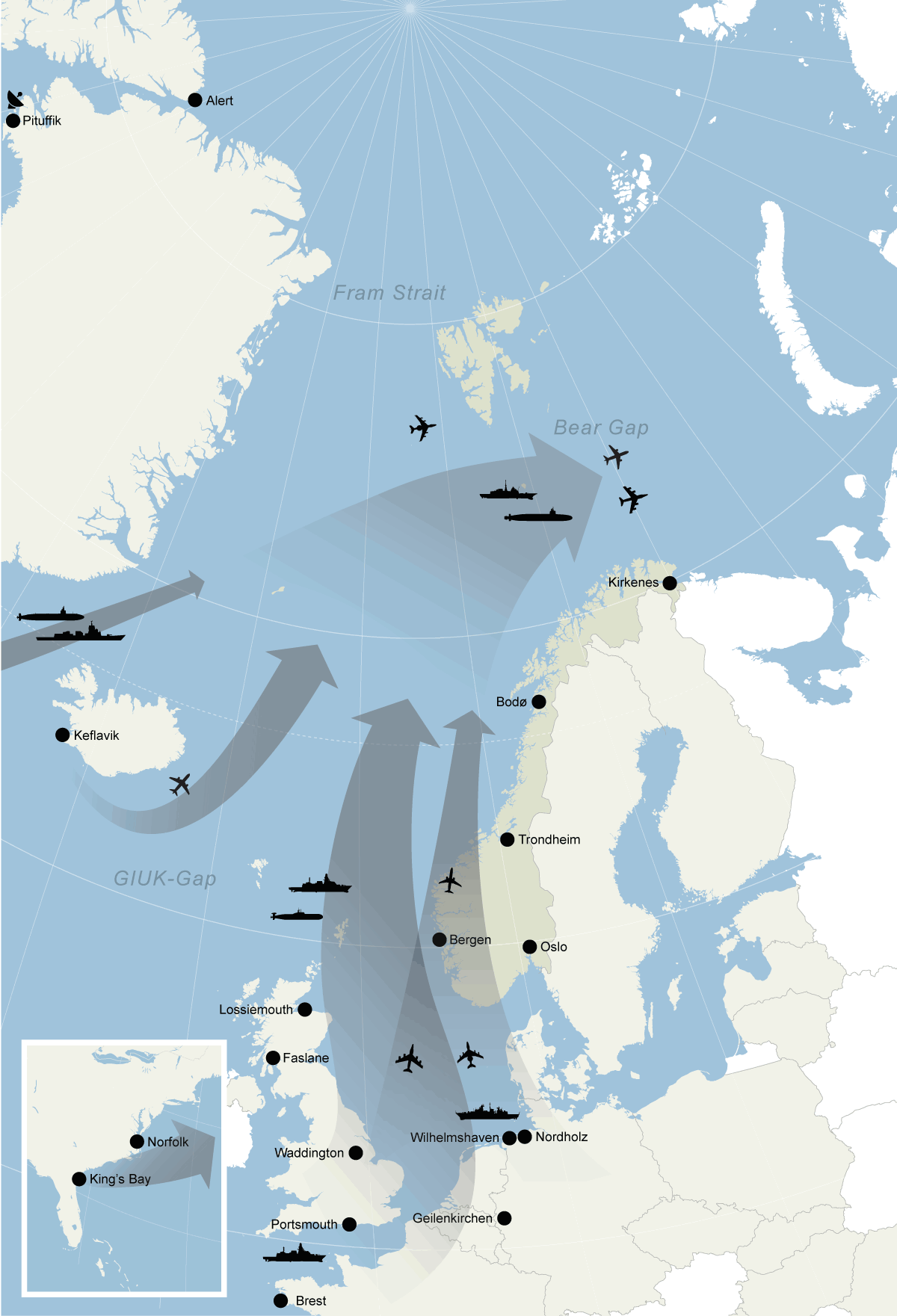 Figur 10.8 Allierte operasjoner for å møte russisk opptreden. Behovet for å møte russiske forsøk på å etablere effektiv kontroll over havområdene i nord gjør at flere av NATOs viktigste patruljeområder overlapper med norske interesseområder. Illustrasjonen vise...