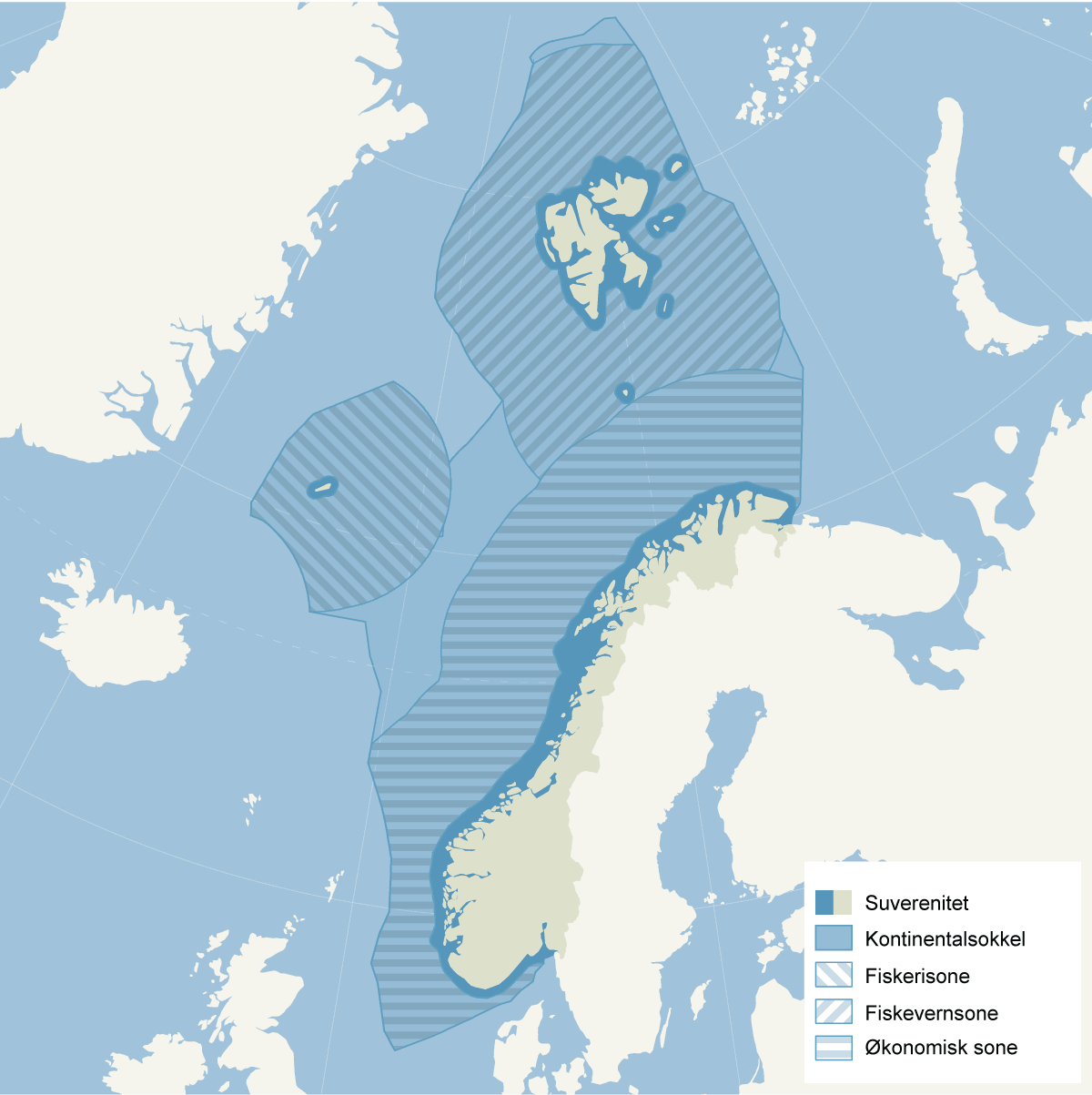 Figur 11.2 Norsk interesseområde. De siste femti årene har utviklingen av den moderne havretten gjort at Norge i dag har suverene rettigheter på kontinentalsokkelen og i sonene fra fastlandet og rundt Svalbard og Jan Mayen. Til sammen dekker dette enorme område...