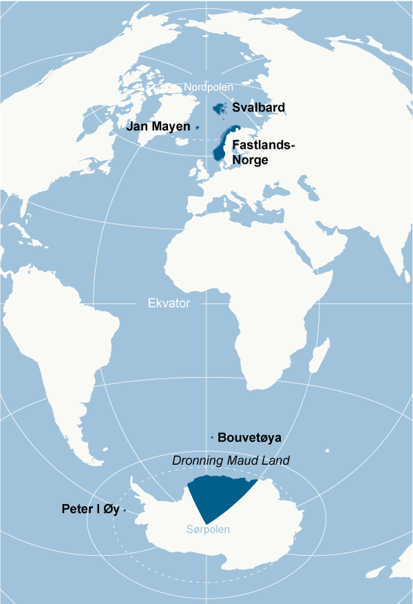 Figur 11.3 Norge har også interesser utenfor Europa. Figuren viser norsk territorium og norske biland på den sørlige halvkule.