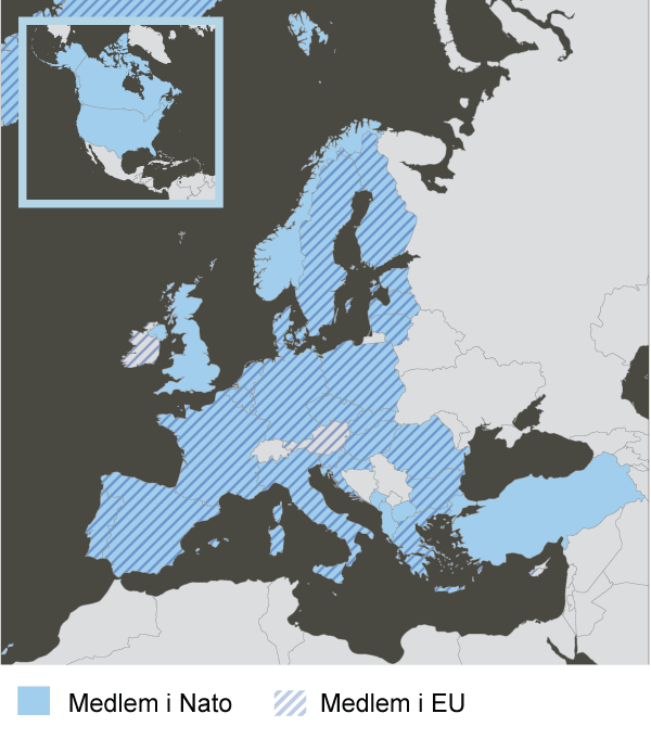 Figur 14.9 NATO og EU dekker i dag store deler av Europa. Flere sentrale NATO-medlemmer er imidlertid ikke med i EU, deriblant, USA, Canada, Storbritannia, Tyrkia – og Norge. Kartet viser medlemmer av henholdsvis NATO og EU i 2023. 4. april 2023 ble Finland med...
