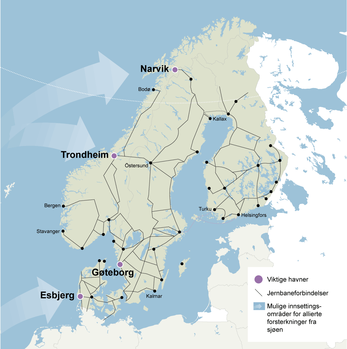 Figur 4.13 Utvidelsen av NATO gjør evnen til alliert mottak og understøttelse av allierte til et av Norges viktigste bidrag til nordisk og nord-europeisk sikkerhet i årene fremover. Kartet viser eksempler på viktig transportinfrastruktur og innsettingsområder f...