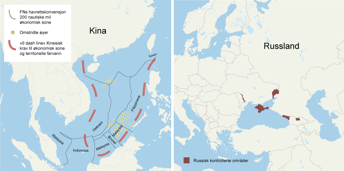 Figur 4.3 Kina og Russland utfordrer begge internasjonale regler for nasjonal suverenitet og selvbestemmelsesrett. Dette er i strid med Norges interesser, som er helt avhengig av internasjonale lover og regler følges. Bildet viser farvann og territorium i henh...