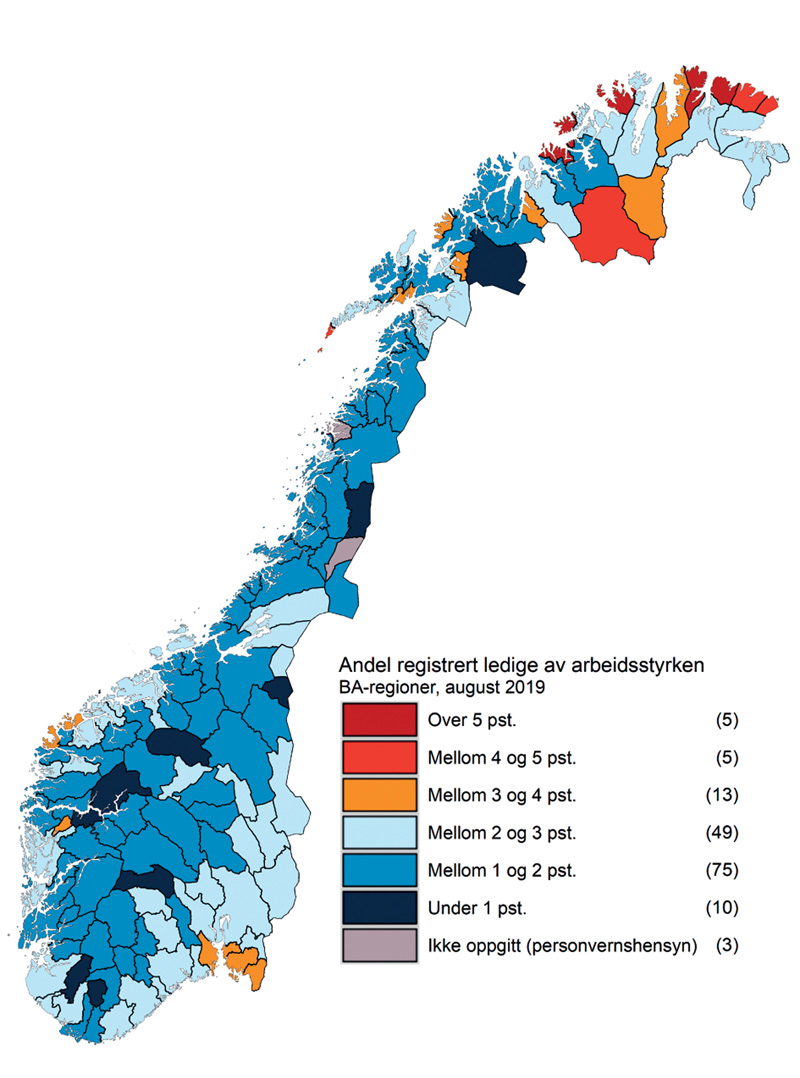 Figur 5.2 Andel registrert arbeidsledige av arbeidsstyrken, august 2019. BA-regioner. Prosent. (Helt ledige)