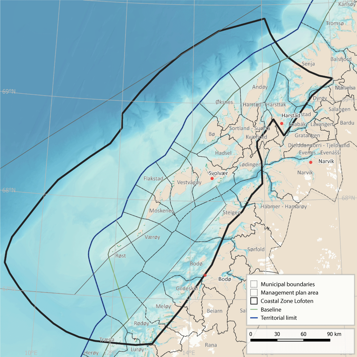 Figure 4.18 Map of the pilot area for ecosystem services, Coastal Zone Lofoten, showing municipalities within and adjacent to the area.