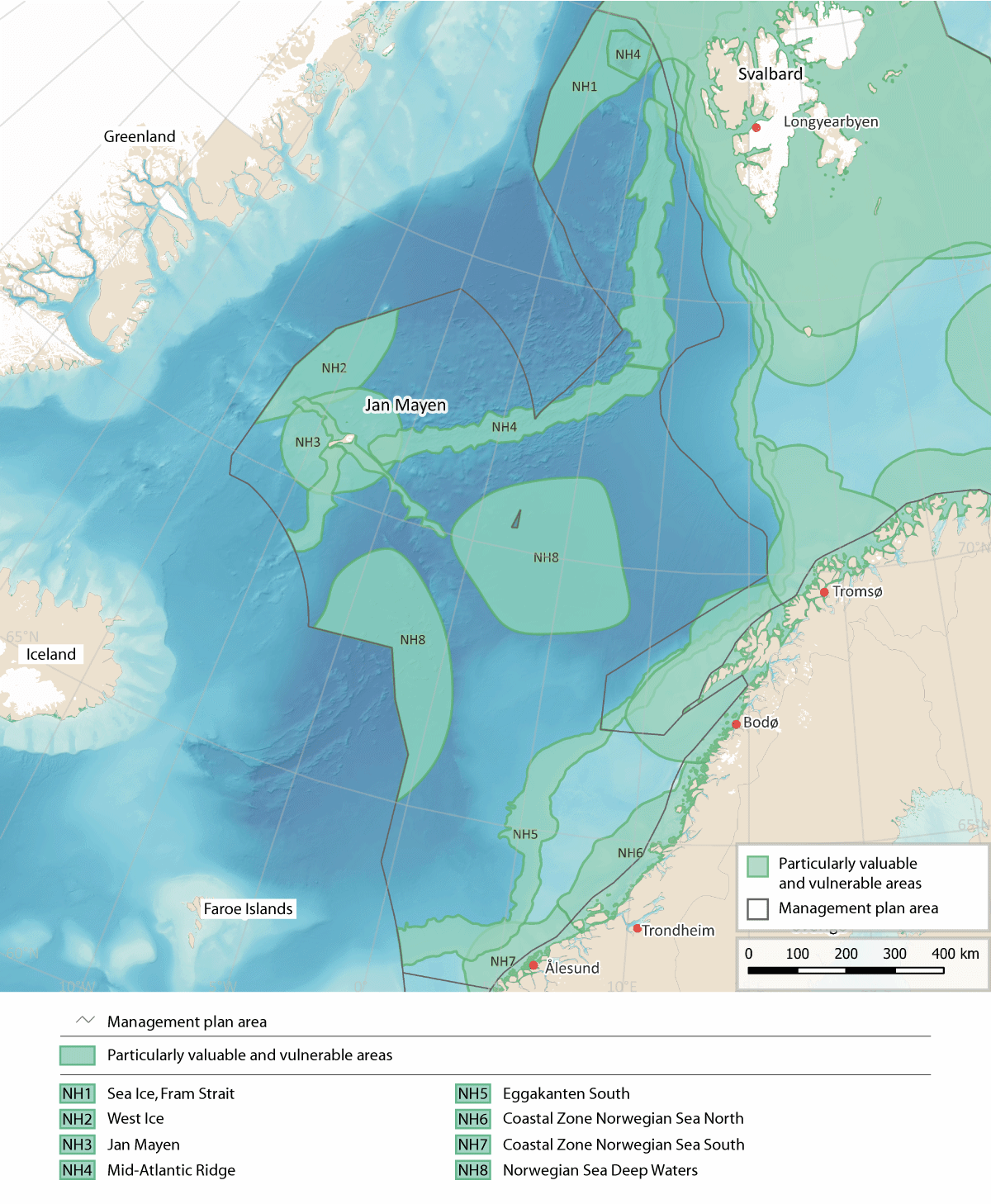 Figure 4.6 Particularly valuable and vulnerable areas in the Norwegian Sea management plan area.