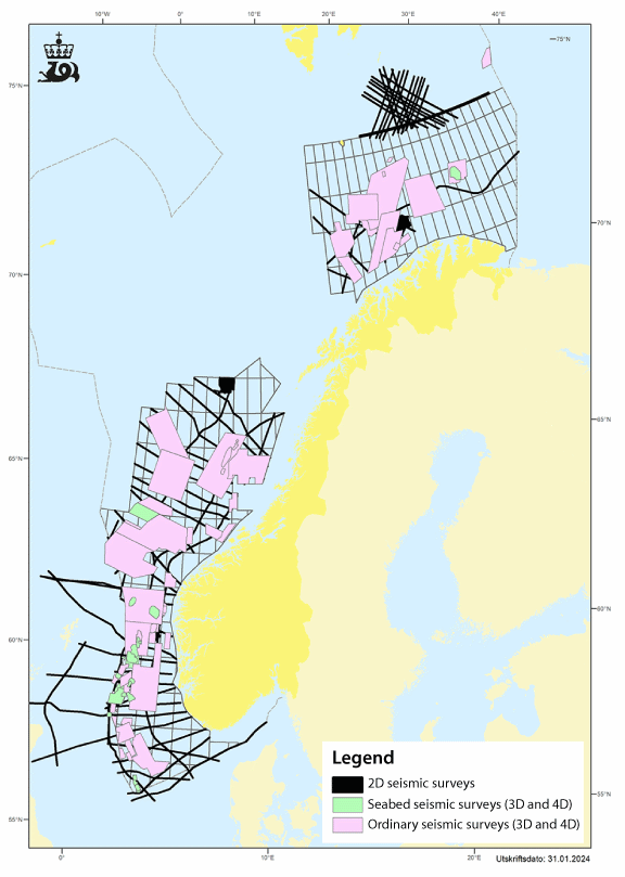 Figure 5.7 Areas of the Norwegian continental shelf where seismic surveys were carried out in the period 2017–2021.
