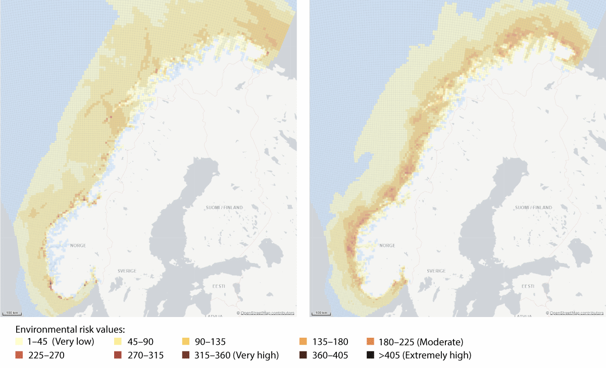 Figure 6.1 Examples of how the Norwegian Coastal Administration's analysis of the environmental risk associated with shipping can be presented in map form. The two maps show environmental risk values for surface water in January (left) and July (right) 2019. Th...