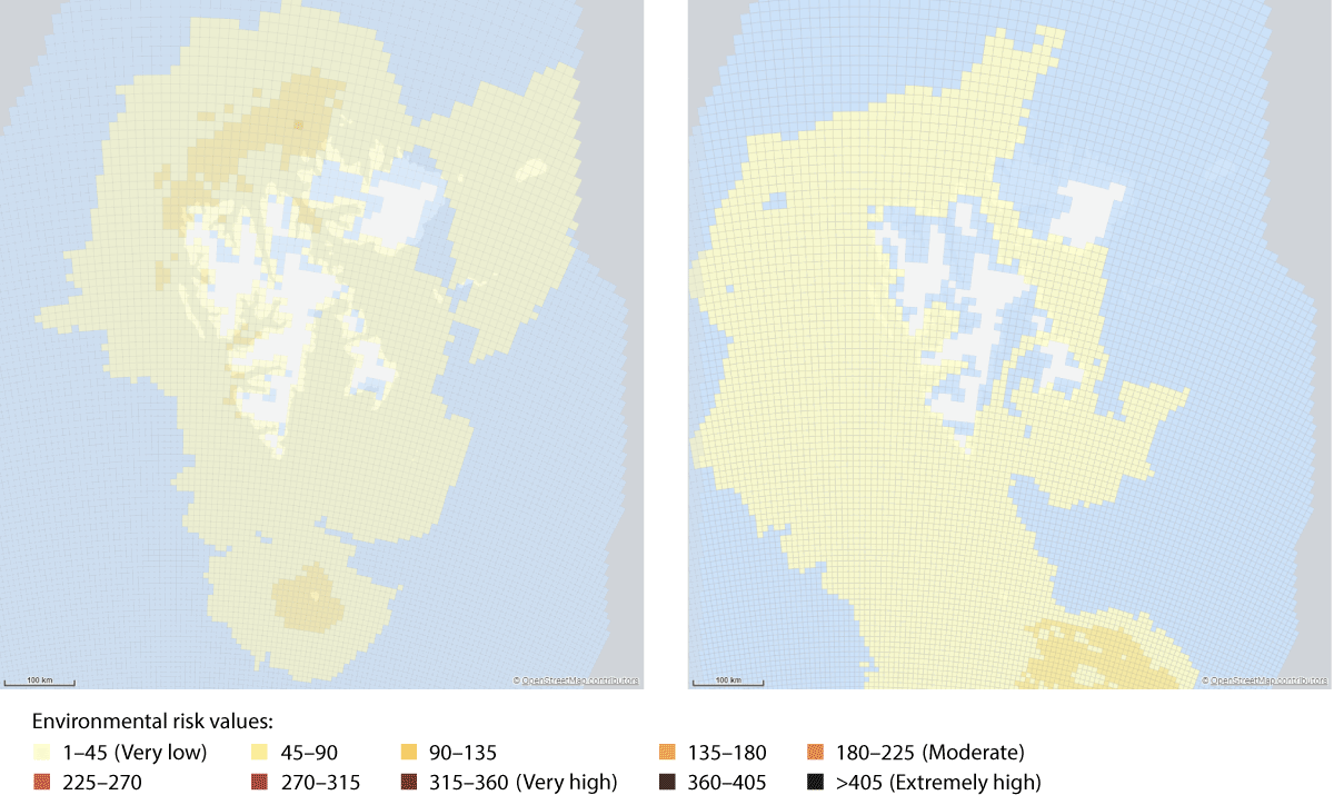 Figure 6.2 Maps showing environmental risk values for the waters around Svalbard, including Bjørnøya, for July (left) and January (right) 2019.