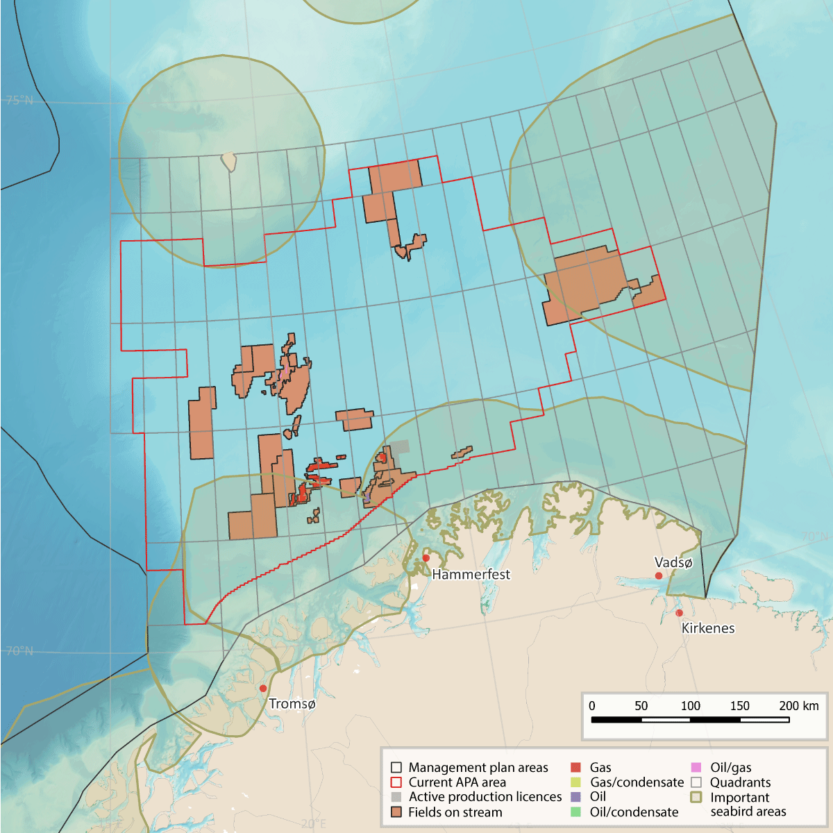 Figure 6.5 Map showing petroleum activities and areas that are important for seabirds in the Barents Sea.