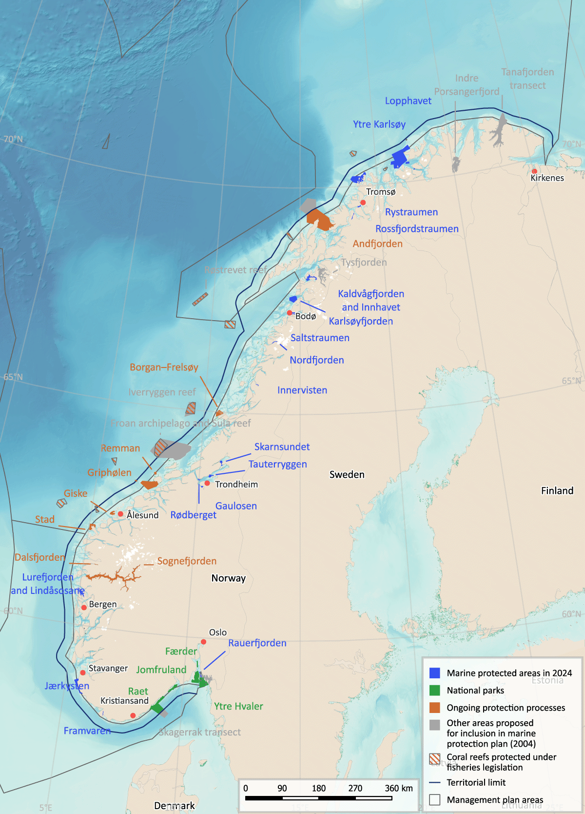 Figure 7.12 Existing and planned marine protected areas and other area-based conservation measures around mainland Norway.