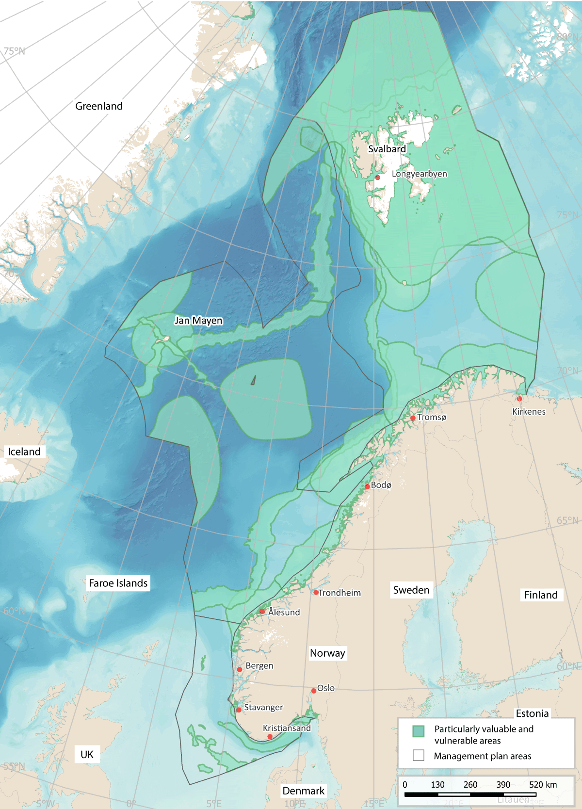 Figure 7.2 The particularly valuable and vulnerable areas identified in the three ocean management plans.