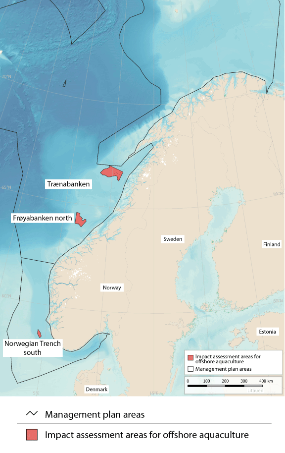 Figure 7.4 Areas where impact assessments for offshore aquaculture are being carried out in Norwegian waters.
