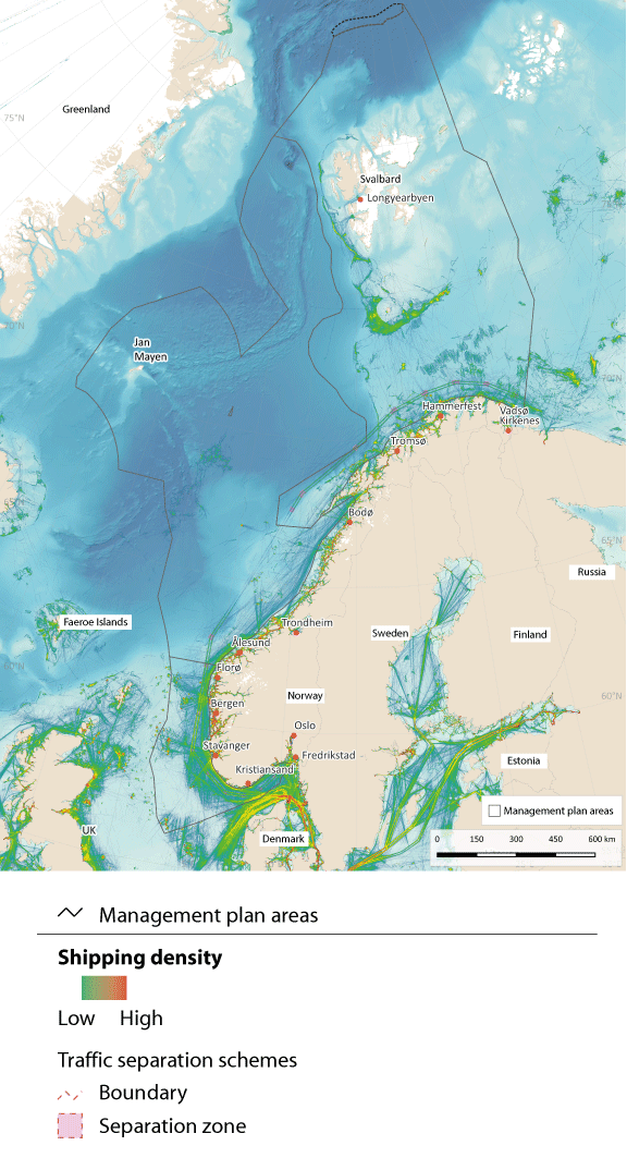 Figure 7.8 Map of shipping density in waters under Norwegian jurisdiction.