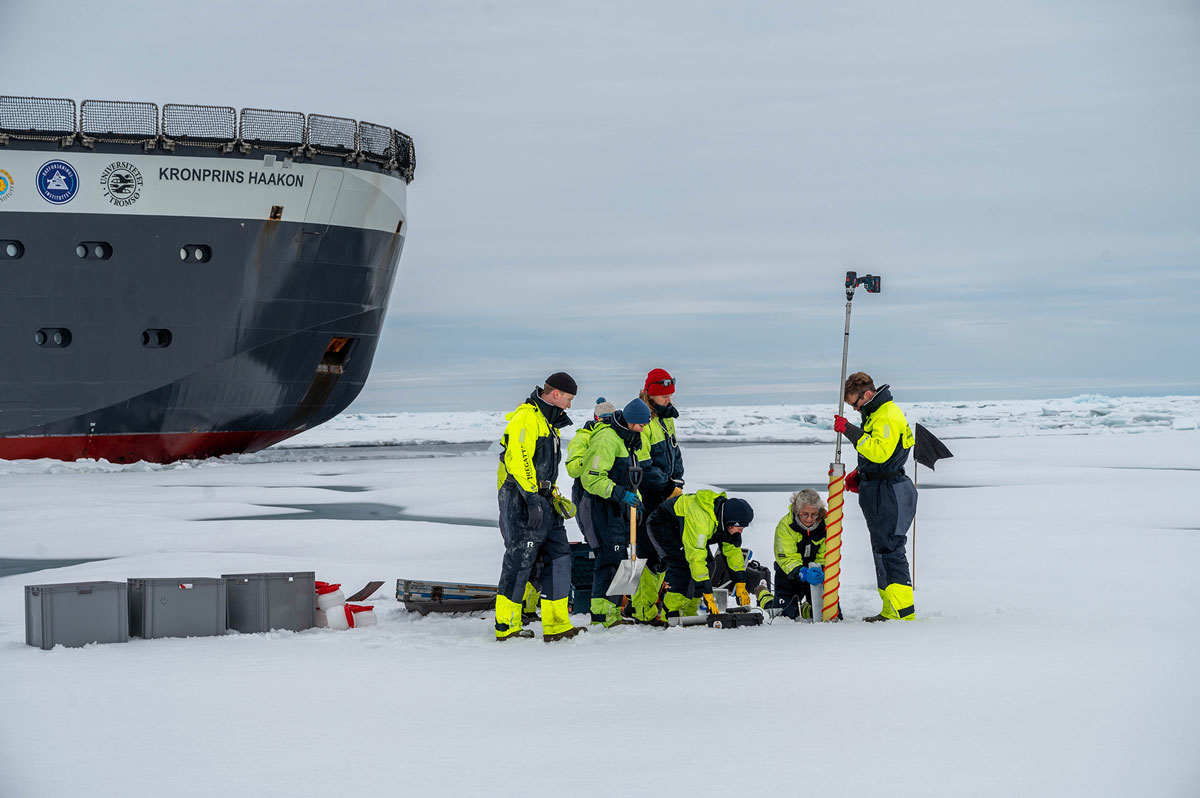 Figure 8.4 The research vessel Kronprins Haakon during an expedition to the Arctic Ocean. Scientists drilling ice cores to study organisms that live within the ice.