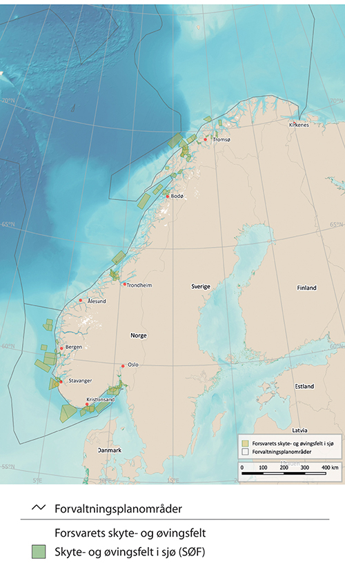 Figur 7.11 Kart over Forsvarets skyte- og øvingsfelt i sjø.