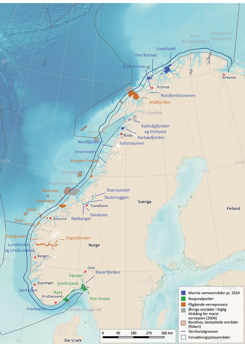 Figur 7.12 Kart over eksisterende og planlagte marine verneområder, og marine beskyttede områder.