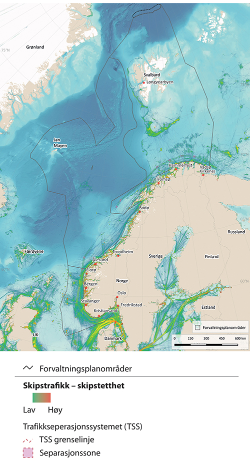 Figur 7.8 Kart over tettheten av skipstrafikk i norske havområder.
