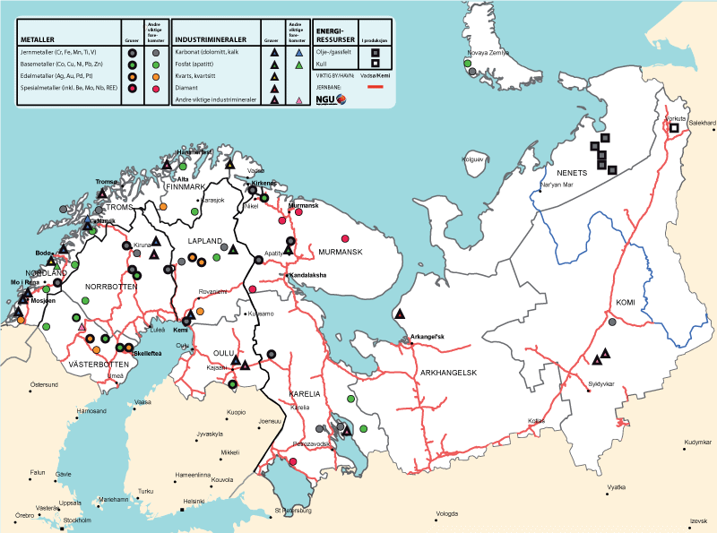 Figur 13.7 Mineralforekomster og transportlogistikk i Barentsregionen.