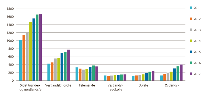 Figur 3.11 Utviklingen i antall avlshunndyr, storfe, fra 2011–2017. Registrert i Kuregisteret