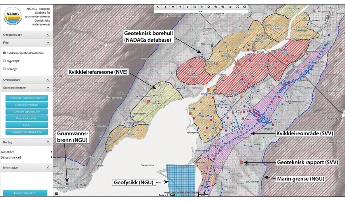 Figur 6.16 Eksempel fra NADAGs kartinnsyn (NGU, 2022c). Her er det kun de geotekniske borehullene som ligger i selve databasen, alle de andre kartlagene er hentet fra andre karttjenester fra NGU, NVE og Statens vegvesen (SVV). For de data som ligger i databasen...