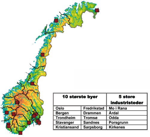 Figur 10.8 De 10 største byene og 5 store industristeder