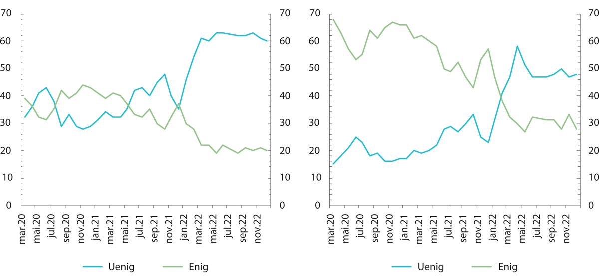 Figur 2.18 Spørreundersøkelse om bekymring for at noen i familien ble smittet (venstre figur) og bekymring for selv å bli smittet (høyre figur).