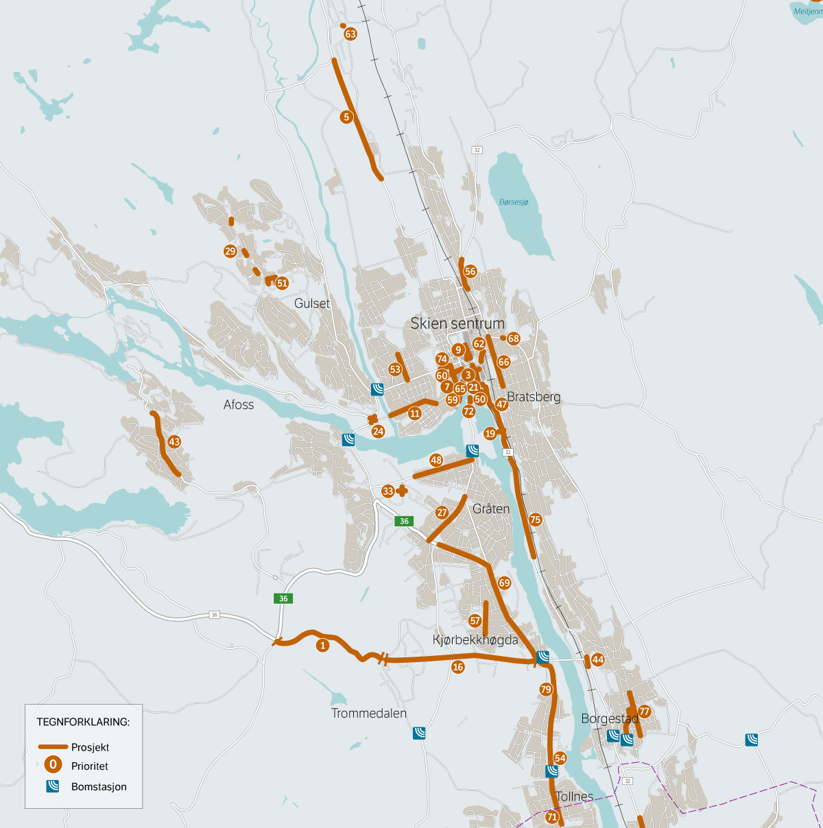 Figur 4.1 Kart over prioriterte prosjekter i Skien kommune. Nummeret refererer til prioritet nr. i tabell 4.1.