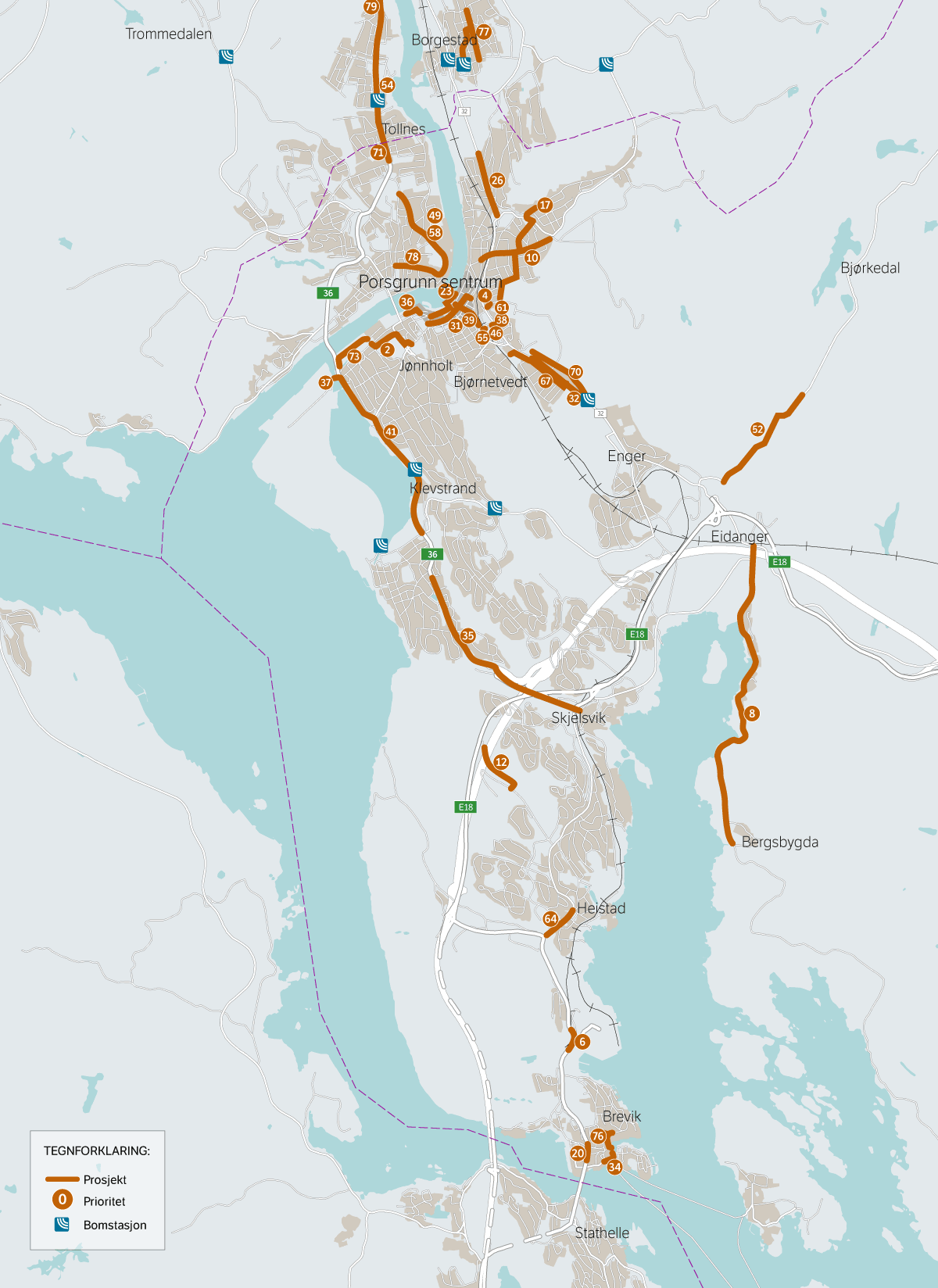 Figur 4.2 Kart over prioriterte prosjekter i Porsgrunn kommune. Nummeret refererer til prioritet nr. i tabell 4.1.