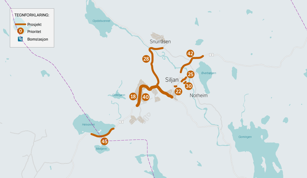 Figur 4.3 Kart over prioriterte prosjekter i Siljan kommune. Nummeret refererer til prioritet nr. i tabell 4.1.