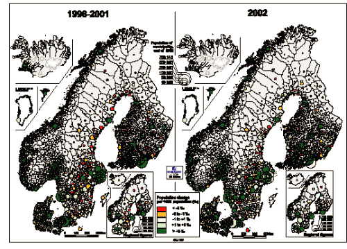 Figur 3.6 Befolkningsendring 1996-2001 og i 2002 for kommuner og fylker i Norden