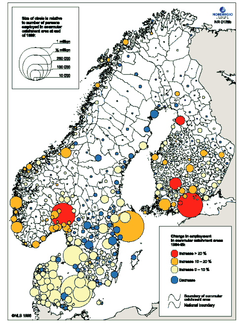 Figur 3.7 Sysselsettingsendringer i nordiske pendlingsregioner 1994-1999