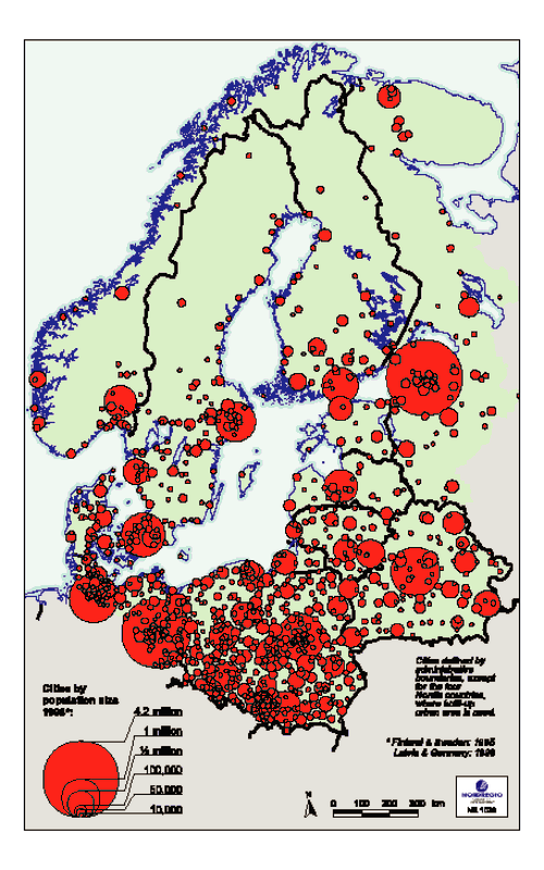 Figur 3.8 Tettsteder med mer enn 10.000 innbyggere i Østersjø-regionen