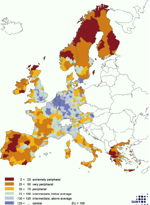 Figur 3.9 Potensiell tilgjengelighet for regioner i Europa