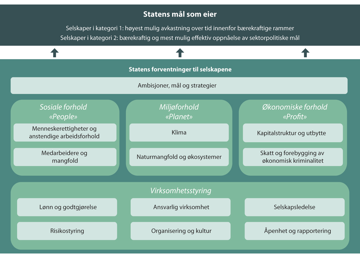 Figur 11.1 Statens forventninger til selskapene strukturert i henhold til økonomiske, sosiale og miljømessige forhold samt virksomhetsstyring.