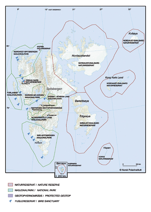 Figur 10.1 Verneområdene på Svalbard etter opprettelsen
av de siste verneområdene i 2003. Vernet på Svalbard
består i dag av 1 plantefredningsområde, 5 nasjonalparker,
6 naturreservater og 15 fuglereservater og ett geotopvernområde.