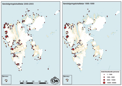 Figur 10.2 Utviklingen i antall ilandstigningslokaliteter for cruisefartøy
med angivelse av antall i landsatte personer i perioden 2000–2003
sammenlignet med perioden 1996–1999. Antall lokaliteter øker jevnt
og det ses en større spredning av lokalitetene ...
